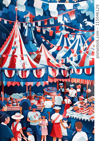 Independence Day market scene showcasing stalls with patriotic crafts 115046129