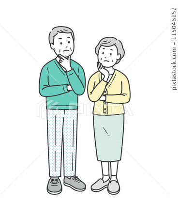 一對老年夫婦肩並肩站著、憂心忡忡的全身圖 一對老年夫婦肩並肩站著、憂心忡忡的全身圖 115046152