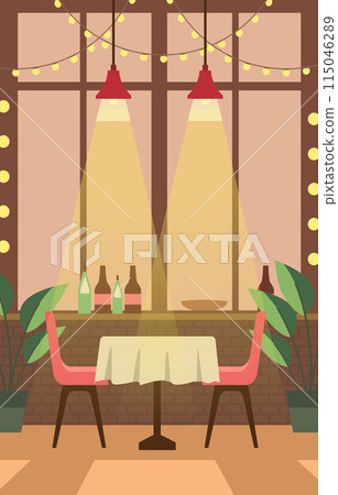 Dining Table for Romantic Customer Dinner Date in Cafe Restaurant with Window Background Dining Table for Romantic Customer Dinner Date in Cafe Restaurant with Window Background 115046289