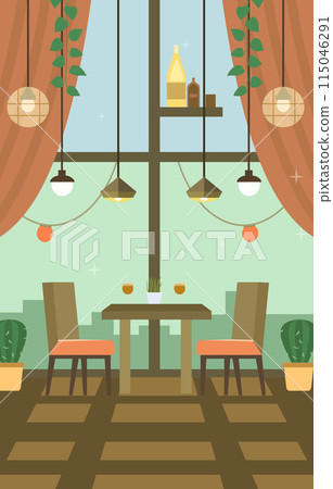 Dining Table for Romantic Customer Dinner Date in Cafe Restaurant with Window Background Dining Table for Romantic Customer Dinner Date in Cafe Restaurant with Window Background 115046291