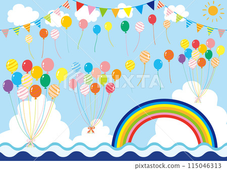Summer scenery: Sea, rainbow, balloons and garlands set Summer scenery: Sea, rainbow, balloons and garlands set 115046313
