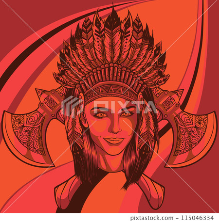vector illustration of indian woman warrior with ax vector illustration of indian woman warrior with ax 115046334