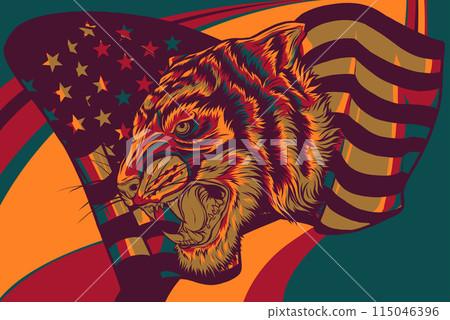 vector illustration of tiger head and American flag. vector illustration of tiger head and American flag. 115046396