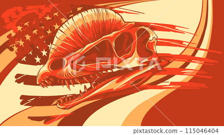 Dilophosaurus dinosaur skull fossil with american flag Dilophosaurus dinosaur skull fossil with american flag 115046404