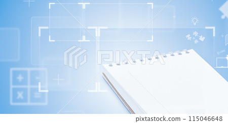 The open spiral-bound notebook on a blue futuristic background with business and education elements. The open spiral-bound notebook on a blue futuristic background with business and education elements. 115046648