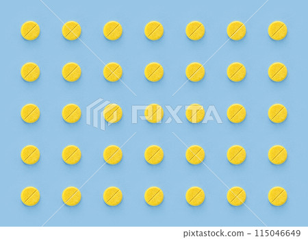 Seamless repetitive yellow pills arrangement on soft blue background. Seamless repetitive yellow pills arrangement on soft blue background. 115046649
