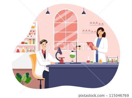Vector Illustration of a Laboratory Conducting Scientific Research, Experimentation, and Measurement in a Flat Cartoon Style Background Vector Illustration of a Laboratory Conducting Scientific Research, Experimentation, and Measurement in a Flat Cartoon Style Background 115046769