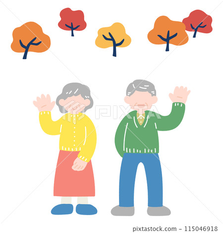 Flat illustration of elderly people raising their hands to say hello Flat illustration of elderly people raising their hands to say hello 115046918