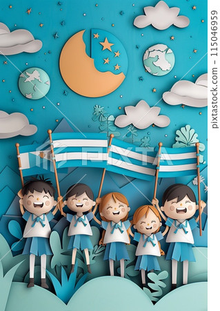 Argentine children making crafts with national symbols for a school event 115046959