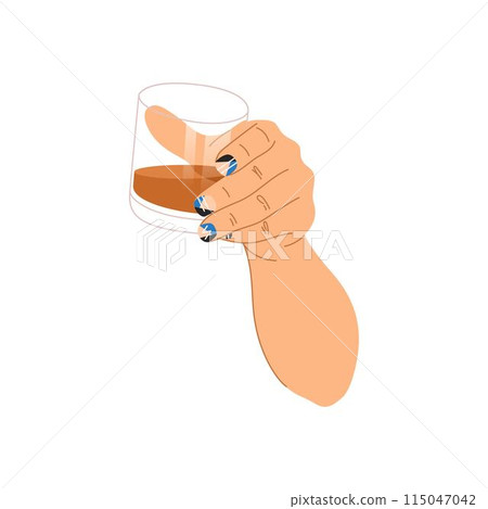 Man hold glass with drink with geometric nails design. Vector illustration. Male manicure concept. 115047042