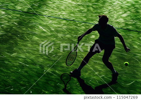A tennis player silhouette in action on a green grass court 115047269