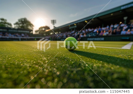 a tennis ball resting on a grass court 115047445