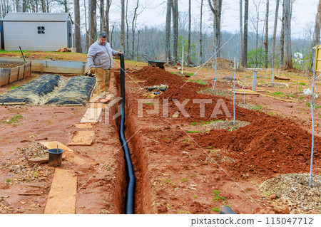Installation of underground drainage pipes for discharge of rainwater stormwater 115047712
