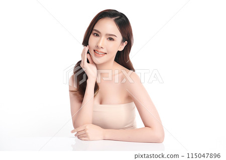 Beautiful young asian woman with clean fresh skin on white background, Face care, Facial treatment, Cosmetology, beauty and spa, Asian women portrait. Beautiful young asian woman with clean fresh skin on white background, Face care, Facial treatment, Cosmetology, beauty and spa, Asian women portrait. 115047896
