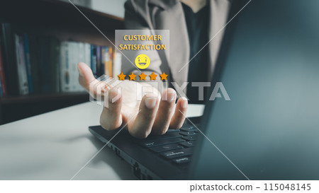 Satisfaction concept of customer, using laptop to express their opinions, answers and satisfied scores, client is satisfied with pressing smile face icon, excellent service, good feedback from user 115048145