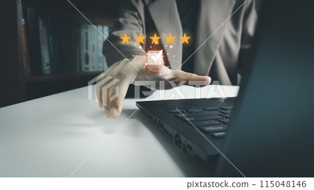 Satisfaction concept of customer, using laptop to express their opinions, answers and satisfied scores, client is satisfied with pressing 5 stars icon, excellent service, good feedback from user Satisfaction concept of customer, using laptop to express their opinions, answers and satisfied scores, client is satisfied with pressing 5 stars icon, excellent service, good feedback from user 115048146