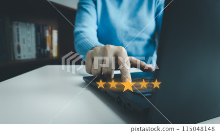 Satisfaction concept of customer, using laptop to express their opinions, answers and satisfied scores, client is satisfied with pressing 5 stars icon, excellent service, good feedback from user Satisfaction concept of customer, using laptop to express their opinions, answers and satisfied scores, client is satisfied with pressing 5 stars icon, excellent service, good feedback from user 115048148