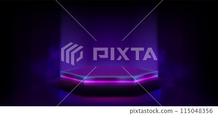 Hexagon product podium with pink neon light 115048356