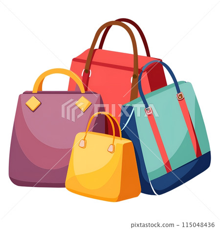 Colorful fashion bags with different colors and accessories isolated on white background. 115048436