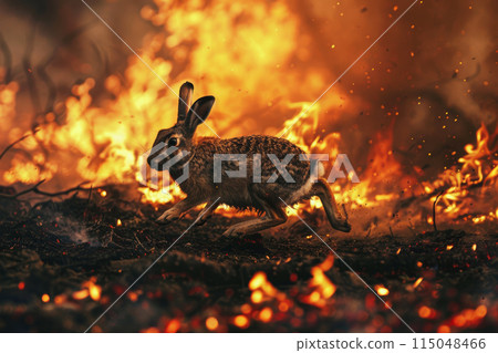 hare running escaping to save his life from wildfire, burning forest on the background hare running escaping to save his life from wildfire, burning forest on the background 115048466