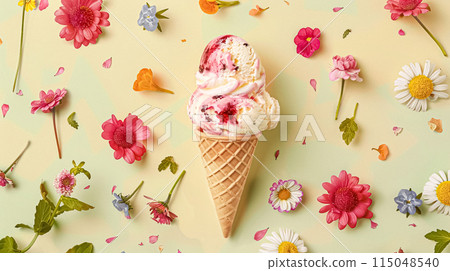 Scoops of ice cream in a waffle cones on a colorful background 115048540