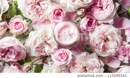 Cosmetic branding, toiletries and skincare concept. Face cream moisturizer jar on floral background, moisturizing skin care lotion and lifting emulsion, anti-age cosmetics for luxury beauty brand 115048541
