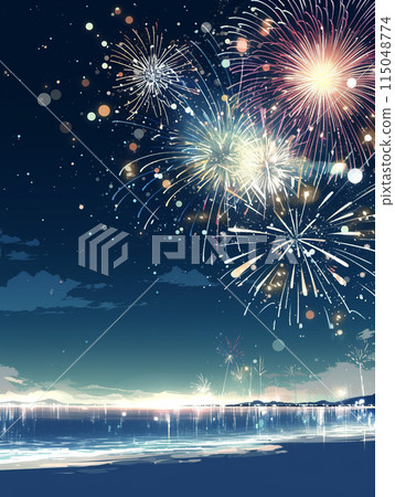 煙火和夜晚閃耀的海灘AI圖像 115048774