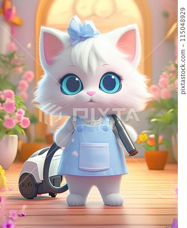 貓咪試圖用吸塵器清潔 115048929