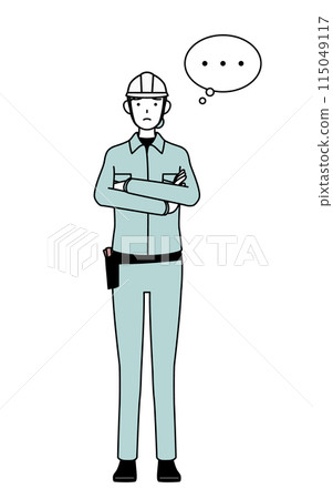 A female engineer in a helmet and work clothes thinking with her arms folded 115049117
