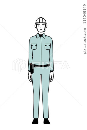 Smiling female engineer wearing a helmet and work clothes facing forward Smiling female engineer wearing a helmet and work clothes facing forward 115049149