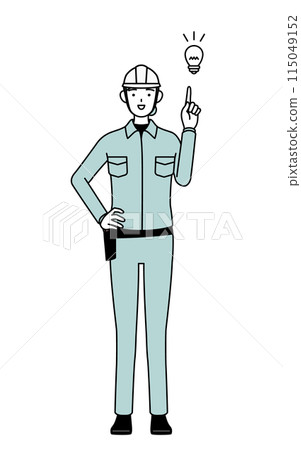 A female engineer in a helmet and work clothes comes up with an idea 115049152
