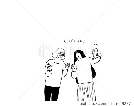 Two women taking a selfie with a smartphone camera, line drawing 115049227