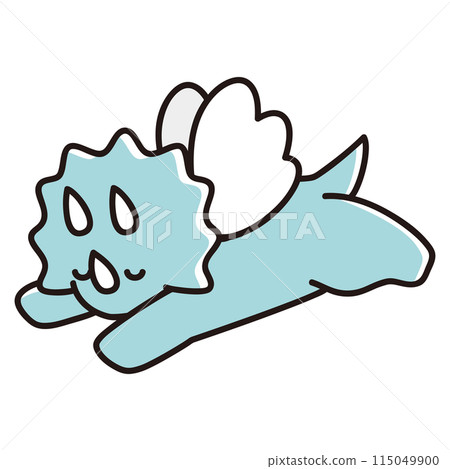 Illustration of a winged baby triceratops sleeping face down with eyes closed 115049900