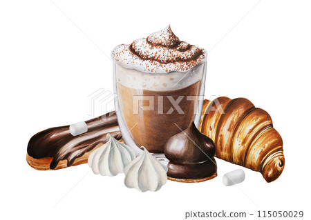 Fluffy foam mocha illustration coffee in a glass cup, eclair, marshmallows in chocolate, meringue, croissant. Watercolor hand painting sweet on a white isolated background. For designers, menu, shop, 115050029