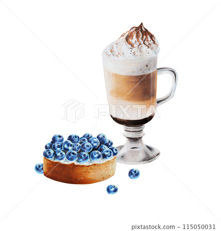 Watercolor fluffy foam latte illustration coffee in a glass cup with blueberry tartlet. Hand painting on a white isolated background. For designers, menu, shop, bar, bistro, restaurant, for postcards, 115050031