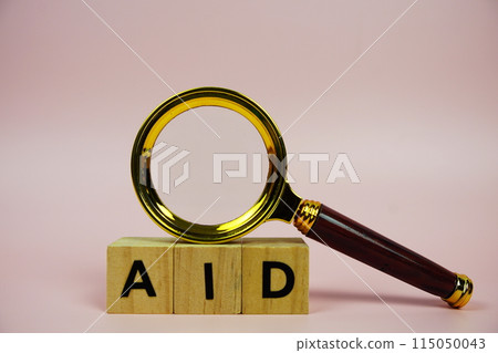 AID with wooden blocks alphabet letters and Magnifying glass on pink background AID with wooden blocks alphabet letters and Magnifying glass on pink background 115050043