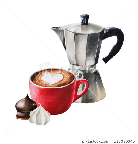 Geyser coffee maker, porcelain cup with cappuccino. Marshmallow in chocolate and meringue. Hand painting watercolor illustration isolated on background. For designers, menu, shop, bar, bistro, Geyser coffee maker, porcelain cup with cappuccino. Marshmallow in chocolate and meringue. Hand painting watercolor illustration isolated on background. For designers, menu, shop, bar, bistro, 115050049