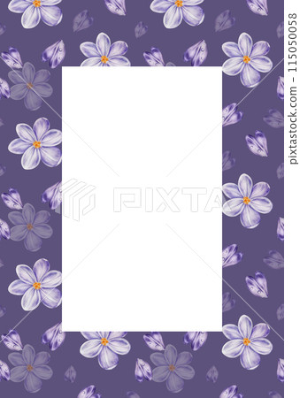 Watercolor postcard, frame, template with violet blooming crocus flower isolated on background. Spring and easter botanical hand painted saffron illustration. For designers, wedding, decoration, Watercolor postcard, frame, template with violet blooming crocus flower isolated on background. Spring and easter botanical hand painted saffron illustration. For designers, wedding, decoration, 115050058