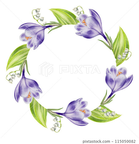 Watercolor frame, wreath, logo, template with bouquet of yellow blooming crocus flowers and leaves isolated on white background. Spring and easter botanical templates, banner. Hand painted saffron 115050082