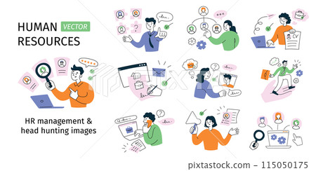 HR and recruitment set, employees searching for job, hiring candidates, vector illustrations of job interview, cv, human resources management, cartoon people head hunting and team building HR and recruitment set, employees searching for job, hiring candidates, vector illustrations of job interview, cv, human resources management, cartoon people head hunting and team building 115050175