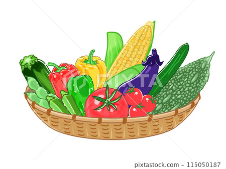 彩色手繪插圖,展示了裝滿新鮮採摘的經典日本夏季蔬菜的籃子。 彩色手繪插圖,展示了裝滿新鮮採摘的經典日本夏季蔬菜的籃子。 115050187