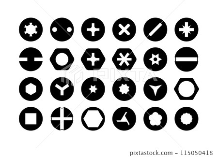 Set of metal screw heads. Stainless steel bolts. Silver nails and rivets. Top view. Vector illustration in flat style. Different hardware elements. Mechanic workshop icons 115050418