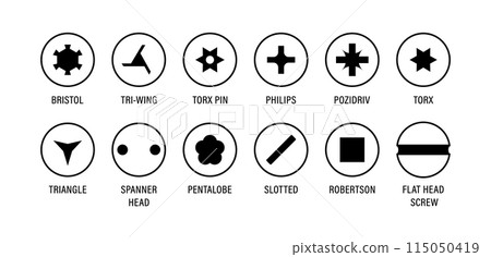 Set of metal screw heads. Stainless steel bolts. Silver nails and rivets. Top view. Vector illustration in flat style. Different hardware elements. Mechanic workshop icons 115050419