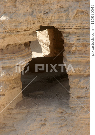 Archaeological site of Qumran where Dead Sea scrolls discovered in caves in cliffs, Judean Desert, Israel, 115050543