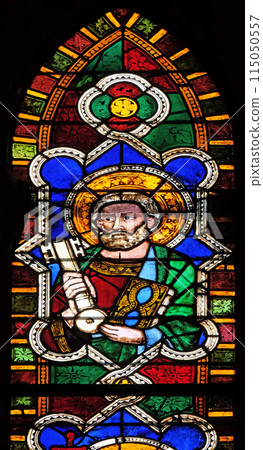 Saint Peter, stained glass window in the Basilica di Santa Croce (Basilica of the Holy Cross) - famous Franciscan church in Florence, Italy 115050557