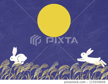 Background illustration of the full moon, silver grass and a running rabbit 115050608