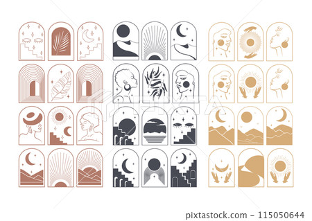 Collection of linear aesthetic mystic emblems elements. Vector linear boho emblems of black people. Logo design 115050644