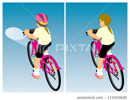 一組開燈騎自行車的女孩背影和不開燈騎自行車的女孩背影。 一組開燈騎自行車的女孩背影和不開燈騎自行車的女孩背影。 115050680