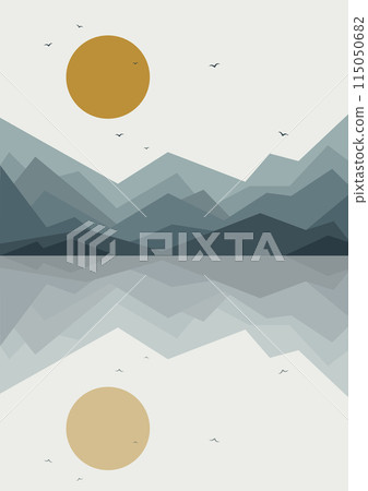 Seaside and mountains landscape illustration poster. Yellowstone park minimalistic vector cartoon 2d art 115050682