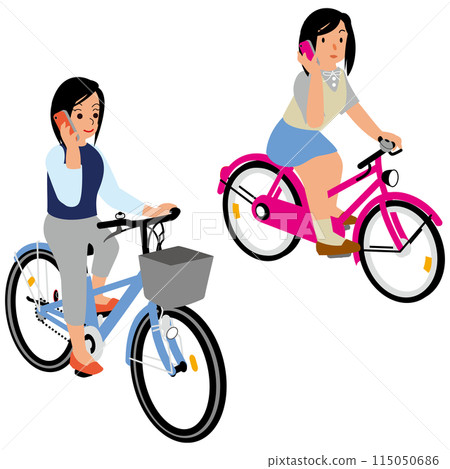 A young woman and a high school girl riding a bicycle while talking on a smartphone A young woman and a high school girl riding a bicycle while talking on a smartphone 115050686